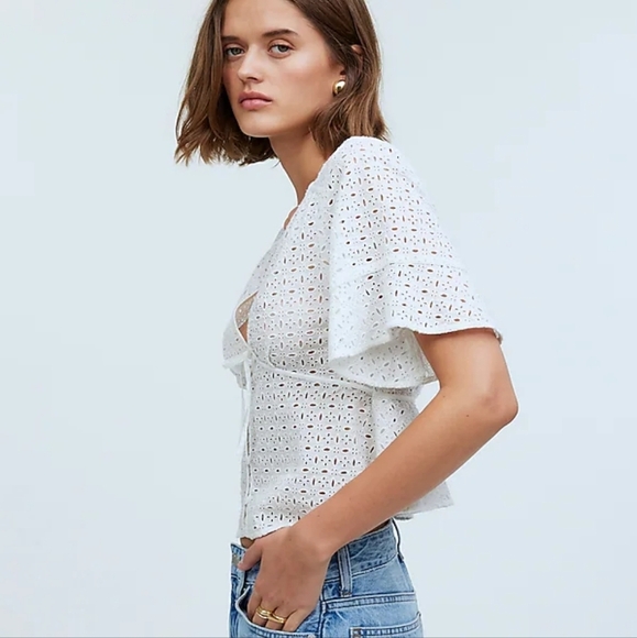 Madewell Tie-Front Top in Eyelet Soft White NWT Size XS Flowy Button Up V-Neck - Picture 3 of 6